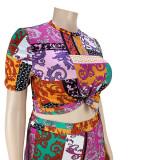 Fashion Plus Size Women's Nightclub Clothes Fashion Printed Short Sleeve Flared Pants Two Piece Set