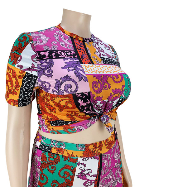 Fashion Plus Size Women's Nightclub Clothes Fashion Printed Short Sleeve Flared Pants Two Piece Set