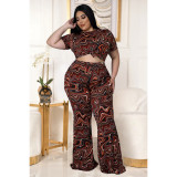 Fashion Plus Size Women's Nightclub Clothes Fashion Printed Short Sleeve Flared Pants Two Piece Set