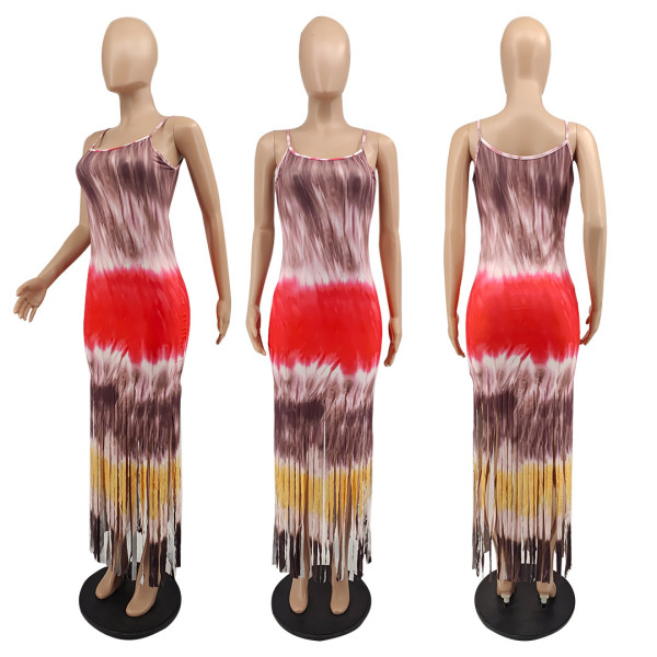 Women's Cute Tie Dye Printed Fringe Slip Dress
