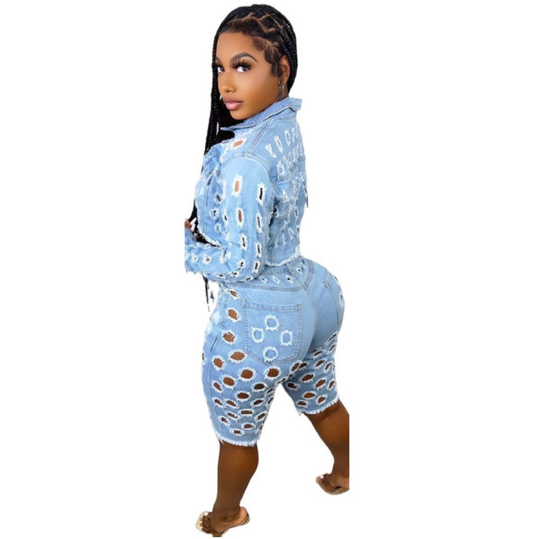 Women's sexy new fashion hole jeans + trend hole jacket top two-piece set