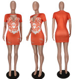 T-sleeve V-neck ripped skull fashion print dress
