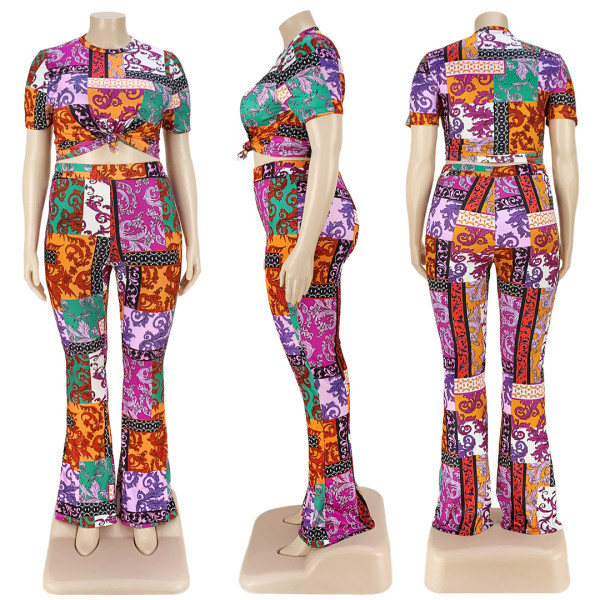 Fashion Plus Size Women's Nightclub Clothes Fashion Printed Short Sleeve Flared Pants Two Piece Set