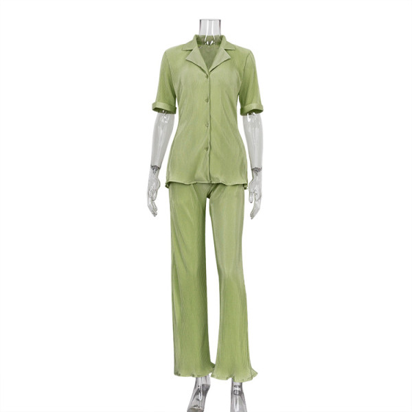 French Commuter Green Short Sleeve Shirt Casual Pleated High Waist Wide Leg Pants Set