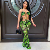 Sling Tie Rope Mesh Print Trousers Wide Leg Pants Sexy Suit