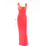 Contrast color low-cut high-slit long skirt irregular backless tight-fitting chest strap dress women