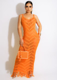 Ladies Long Dress Sexy Wool Strap Knitted Fringe Beach Dress