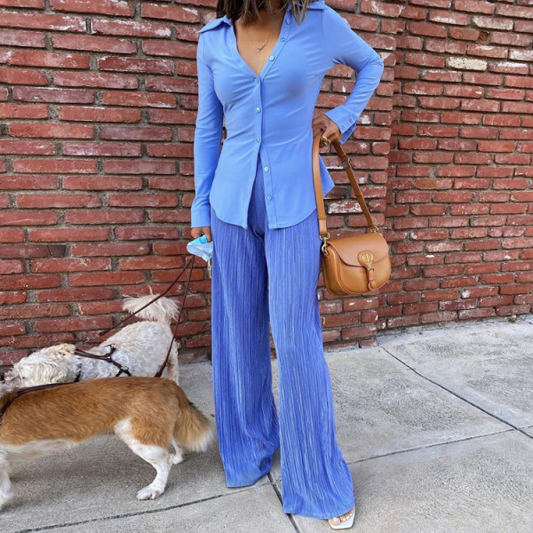 High neck tight T-shirt high waist blue pleated wide leg pants temperament commuter suit