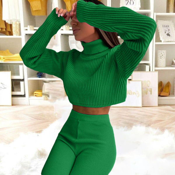High-neck long-sleeved high-waist solid color wool pants two-piece set