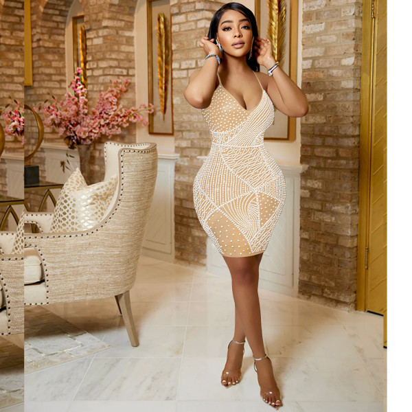 Fashion nightclub hot drill sexy tight V-neck suspender dress women