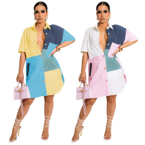 Stylish Multicolor Patchwork Shirt With Waist Slit Dress With Pockets