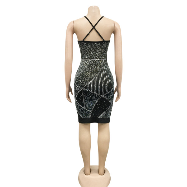 Fashion nightclub hot drill sexy tight V-neck suspender dress women