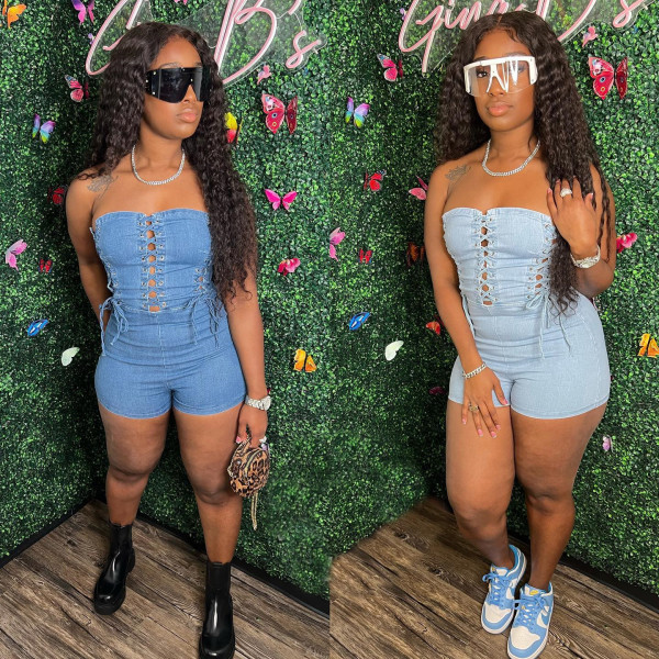 Sexy Chest Wrap Rope Bodysuit Stretch Wash Denim Jumpsuit