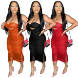 Sling Cutout Sheer Mesh Pleated Fringe Dress