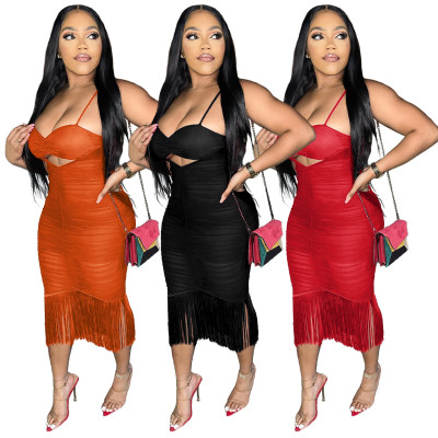 Sling Cutout Sheer Mesh Pleated Fringe Dress