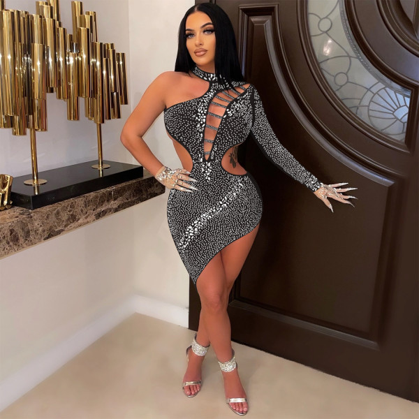 Fashion sexy nightclub hot drill one-shoulder slanted collar hollow open back irregular dress