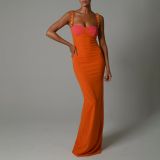 Contrast color low-cut high-slit long skirt irregular backless tight-fitting chest strap dress women