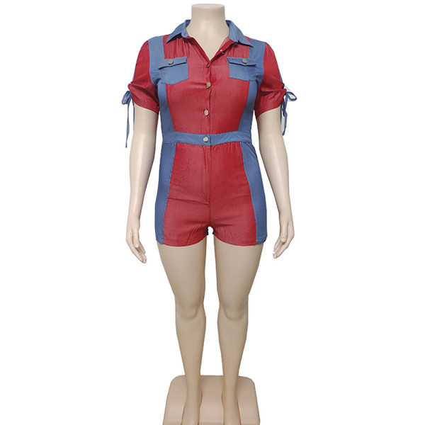 Temperament commuter high waist two-color stitching short-sleeved faux denim jumpsuit