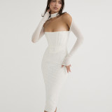 Mesh Panel Long Sleeve Solid Color Dress