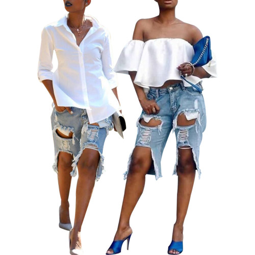 Fashion ripped sexy stretch denim cropped pants