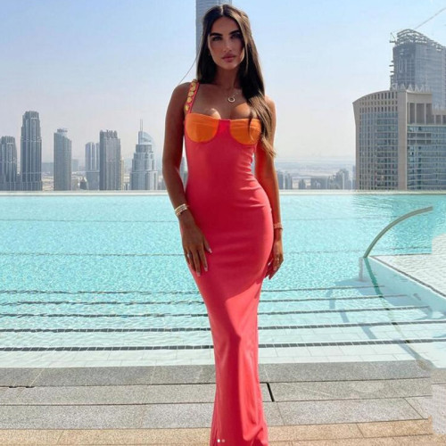Contrast color low-cut high-slit long skirt irregular backless tight-fitting chest strap dress women