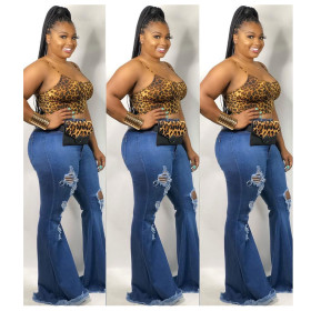 Sexy Fashion Knee Hole Slim Denim Stretch Big Size Fat MM Flared Pants