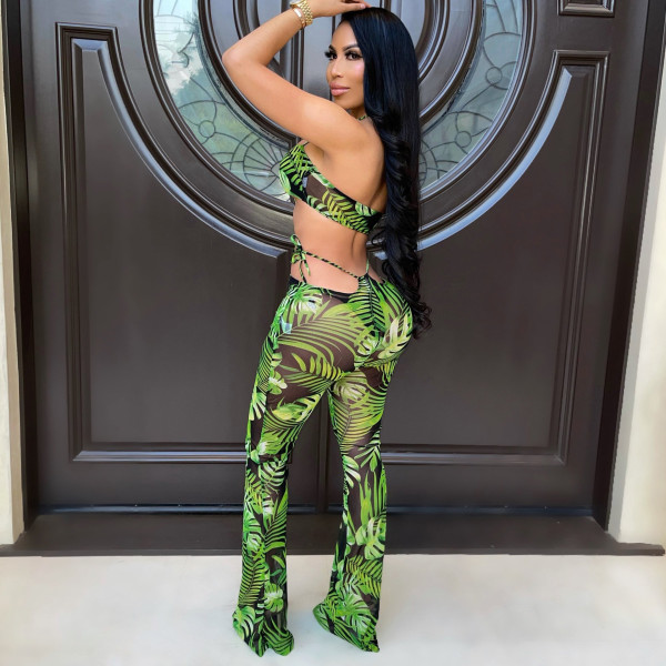 Sling Tie Rope Mesh Print Trousers Wide Leg Pants Sexy Suit