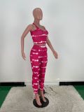 Digital Print Sexy Camisole V-Neck Eyelet Tie Pants Set