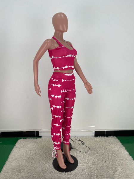 Digital Print Sexy Camisole V-Neck Eyelet Tie Pants Set