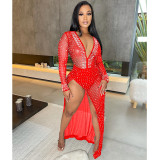 Fashion women's nightclub hot drill deep V long-sleeved slit dress women