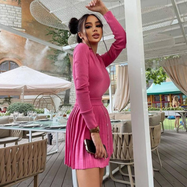 Women's Solid Color Long Sleeve Knit Sweater Top Pleated Skirt AliExpress Fashion Casual Knit Suit