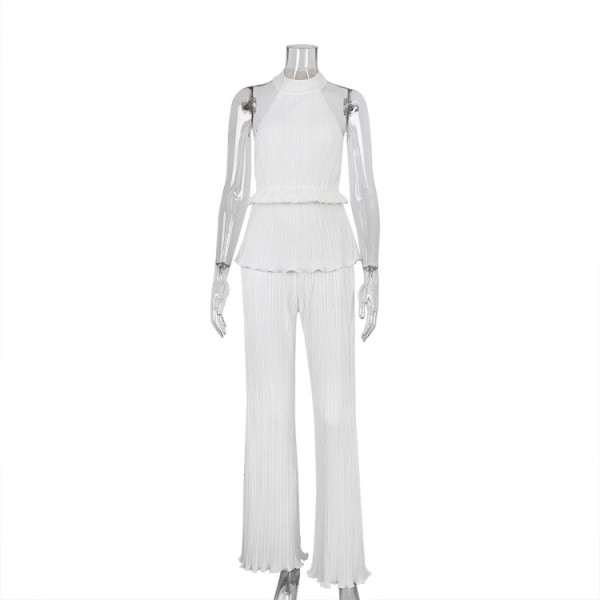 Halter neck sexy backless sleeveless vest white pleated high waist wide leg pants suit women
