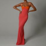 Contrast color low-cut high-slit long skirt irregular backless tight-fitting chest strap dress women