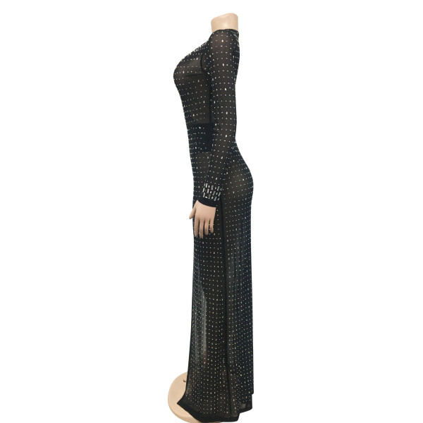 Fashion women's nightclub hot drill deep V long-sleeved slit dress women