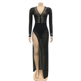 Fashion women's nightclub hot drill deep V long-sleeved slit dress women