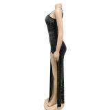 Fashion solid color suspenders irregular hot diamond long dress women