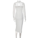 Mesh Panel Long Sleeve Solid Color Dress