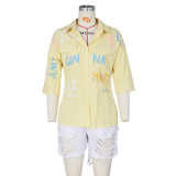 Ladies Fashion Casual Hand Painted English Letters Nail Pearl Ladies Shirts