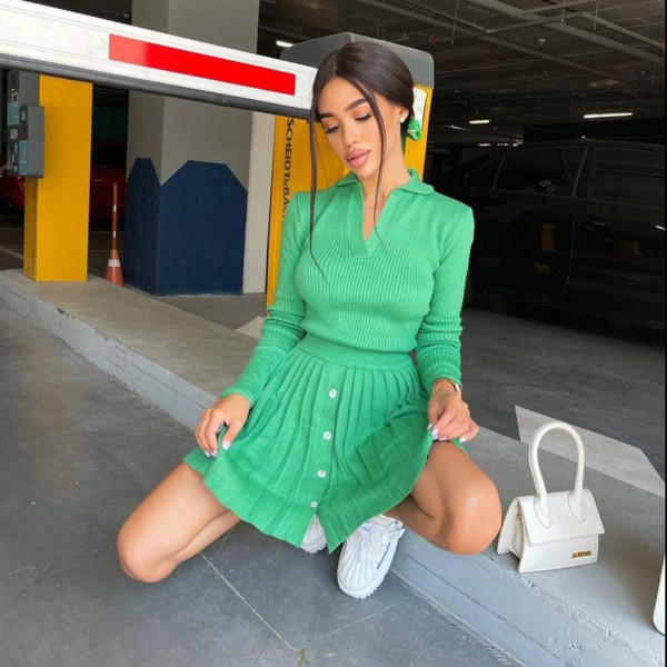 Women's Solid Color Long Sleeve Knit Sweater Top Pleated Skirt AliExpress Fashion Casual Knit Suit