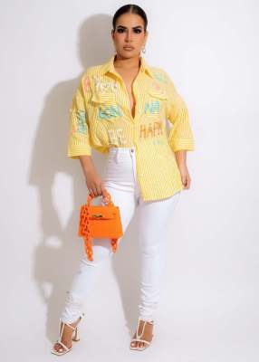 Ladies Fashion Casual Hand Painted English Letters Nail Pearl Ladies Shirts