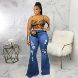 Sexy Fashion Knee Hole Slim Denim Stretch Big Size Fat MM Flared Pants