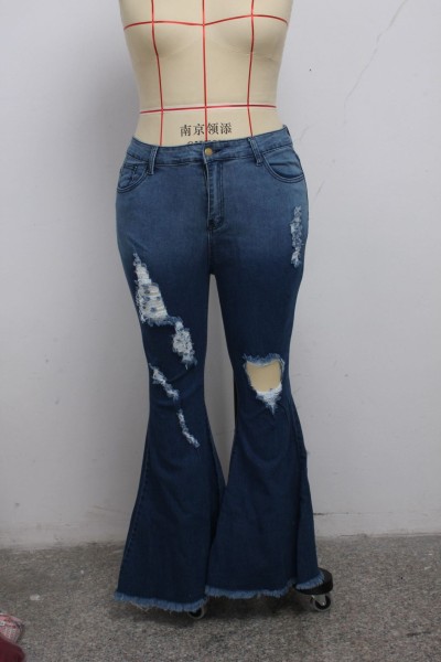 Sexy Fashion Knee Hole Slim Denim Stretch Big Size Fat MM Flared Pants