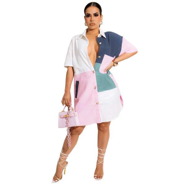 Stylish Multicolor Patchwork Shirt With Waist Slit Dress With Pockets