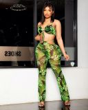 Sling Tie Rope Mesh Print Trousers Wide Leg Pants Sexy Suit