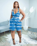 Digital Print Sexy Camisole V-Neck Eyelet Lace-Up Shorts Set