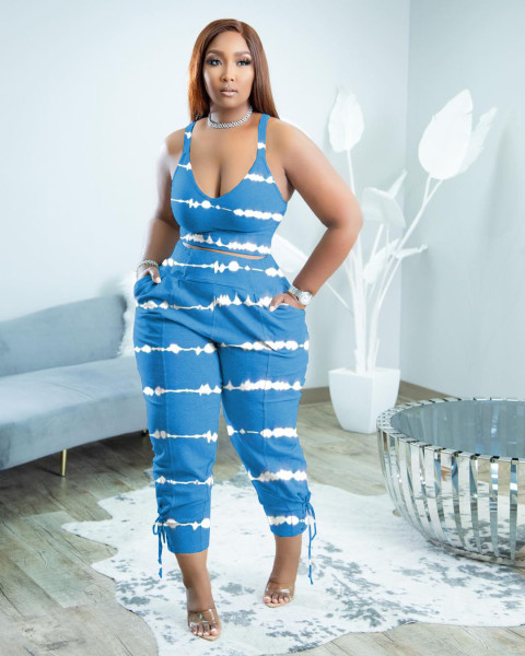Digital Print Sexy Camisole V-Neck Eyelet Tie Pants Set