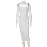 Mesh Panel Long Sleeve Solid Color Dress