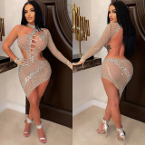 Fashion sexy nightclub hot drill one-shoulder slanted collar hollow open back irregular dress