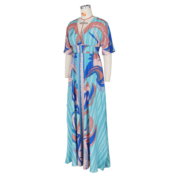 Dress Fashion Casual Positioning Print Butterfly Sleeve Ladies Swing Side Split Long Dress