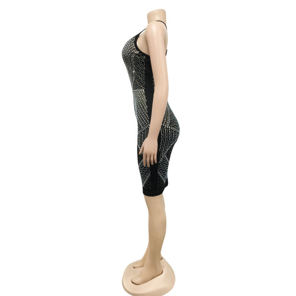 Fashion nightclub hot drill sexy tight V-neck suspender dress women